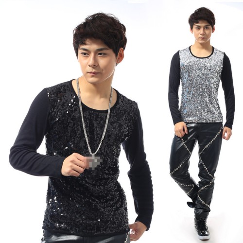 Silver sequined jazz dance tops men's male competition stage performance singers night club jazz ds dj dancing tops t shirts